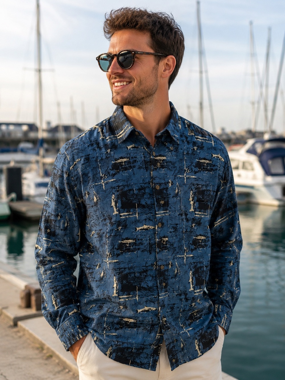 Munsingwear Abstract Fish Print Button Up Shirt Blue XL Cotton